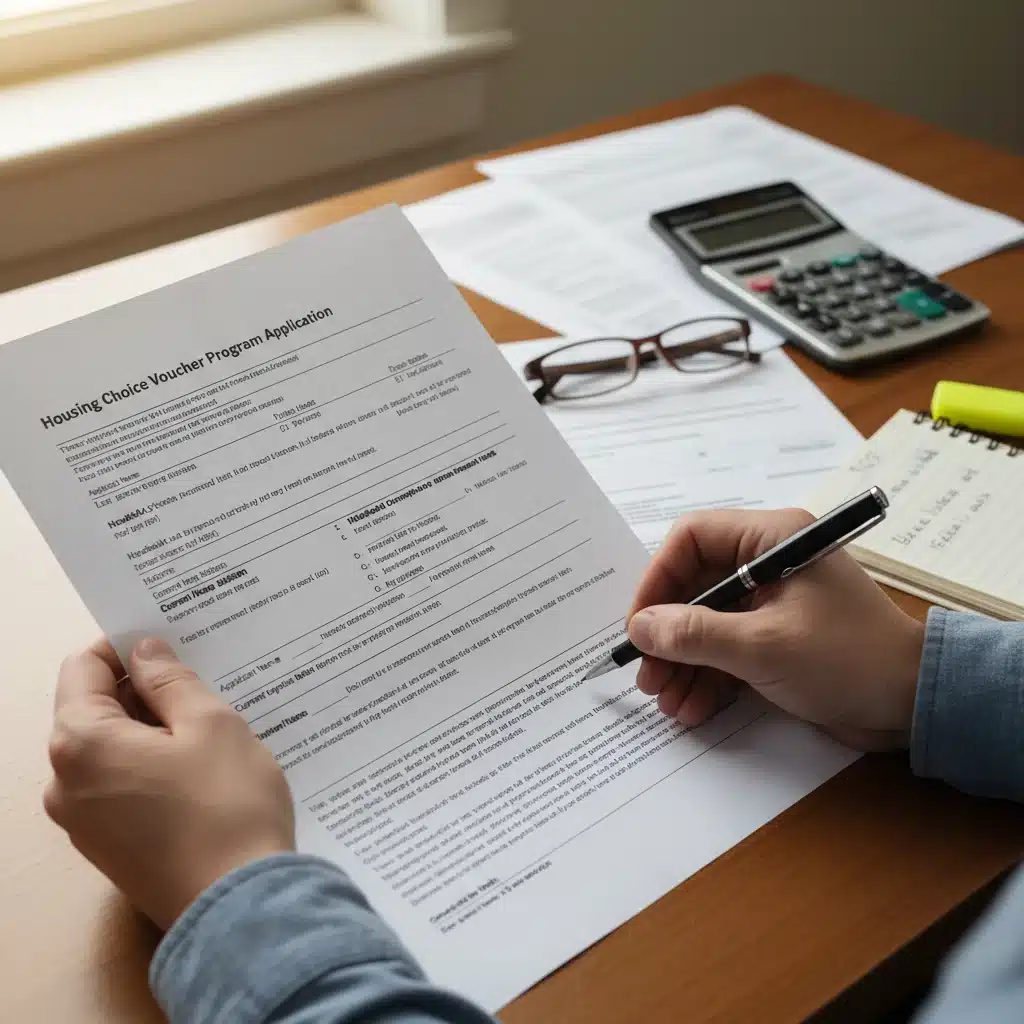 Hands holding a Housing Choice Voucher application form, ready to be filled out.