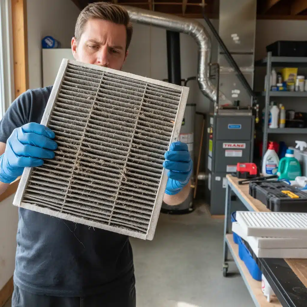 Person inspecting dirty HVAC filter for maintenance and air quality improvement