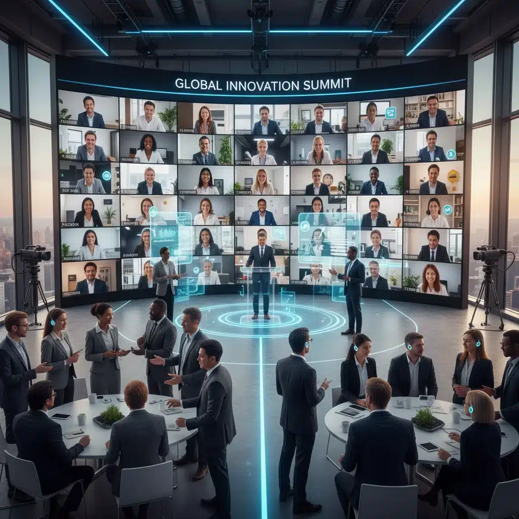 Hybrid event participants engaging through virtual and physical platforms