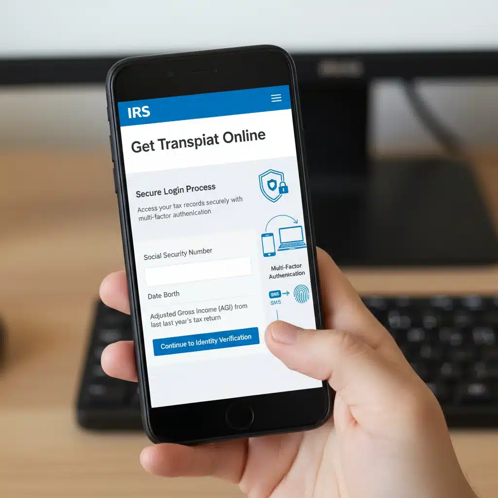 Navigating the IRS 'Get Transcript Online' tool on a smartphone.