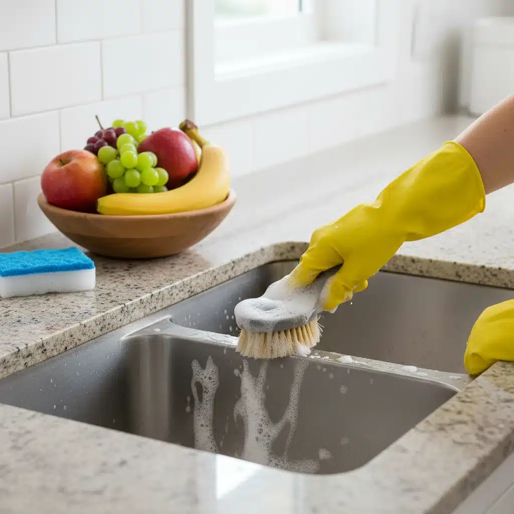 Person deep cleaning a sparkling kitchen sink with gloves and brush.
