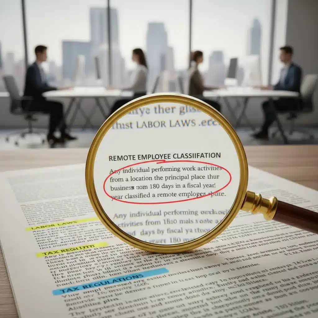 Magnifying glass over remote labor law document, highlighting compliance details