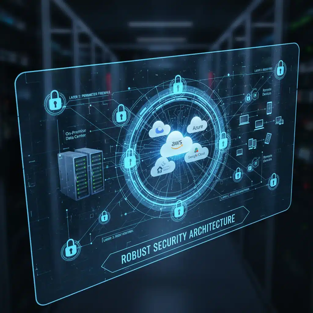 Intricate network diagram showing layered security architecture for cloud and on-premise startup infrastructure.