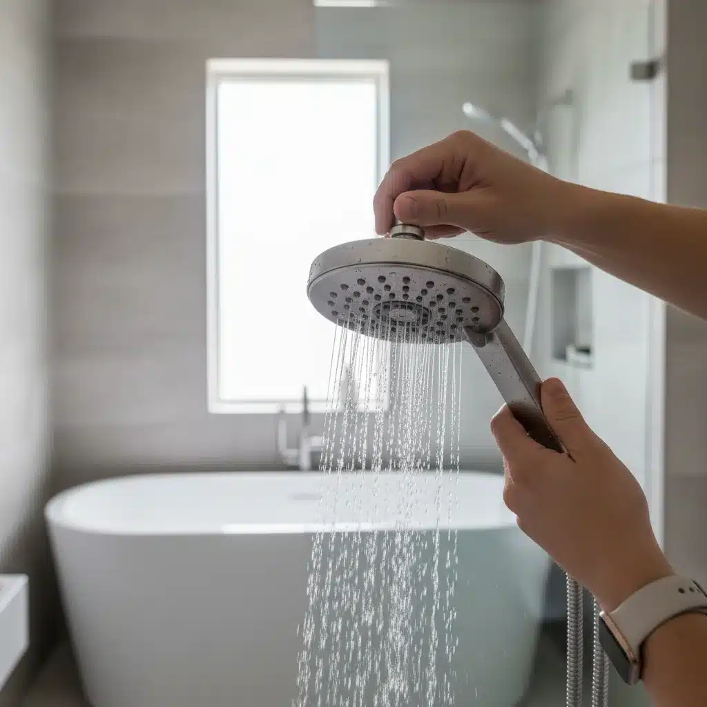 Person adjusting a low-flow showerhead in a modern bathroom