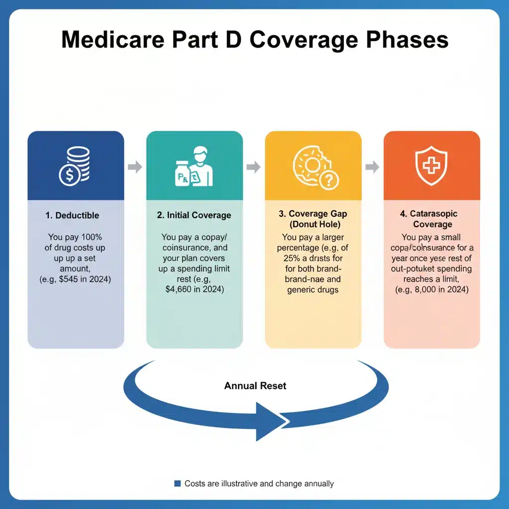 Infographic explaining Medicare Part D coverage phases and how costs change.