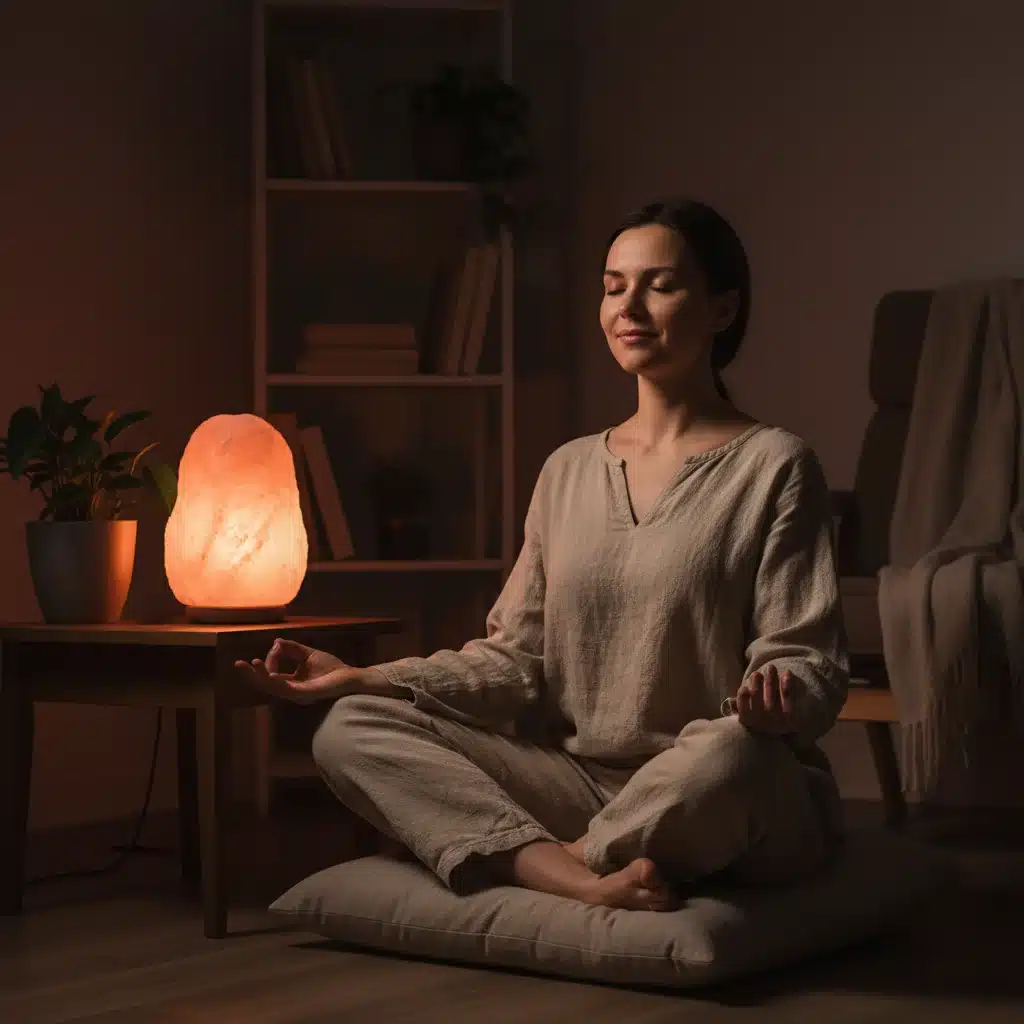 Person meditating peacefully in a calm, dimly lit room before bed