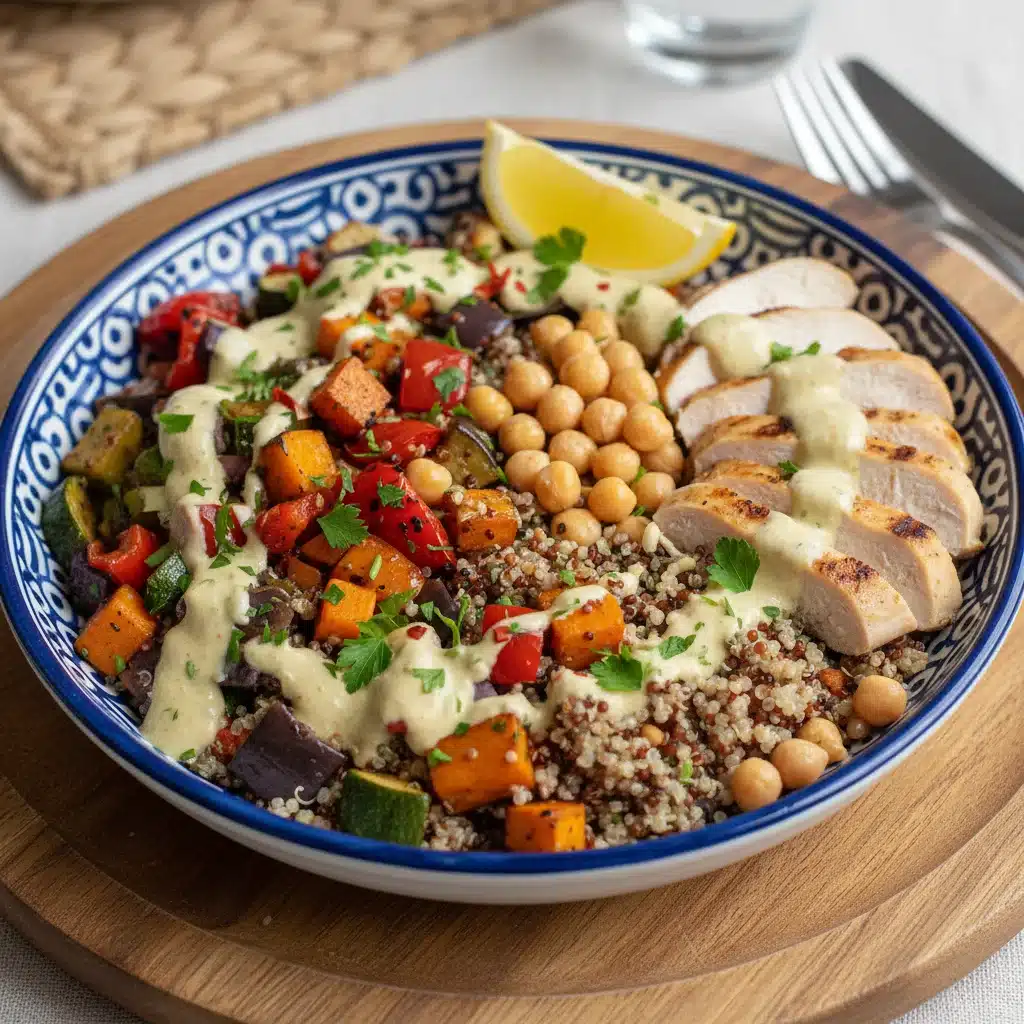 Delicious and healthy Mediterranean Quinoa Bowl with chicken and roasted vegetables, ready for consumption.