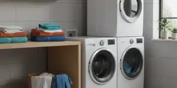 Modern laundry room with organized clothes and efficient appliances.
