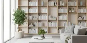 Modern living room with organized shelves and minimalist decor