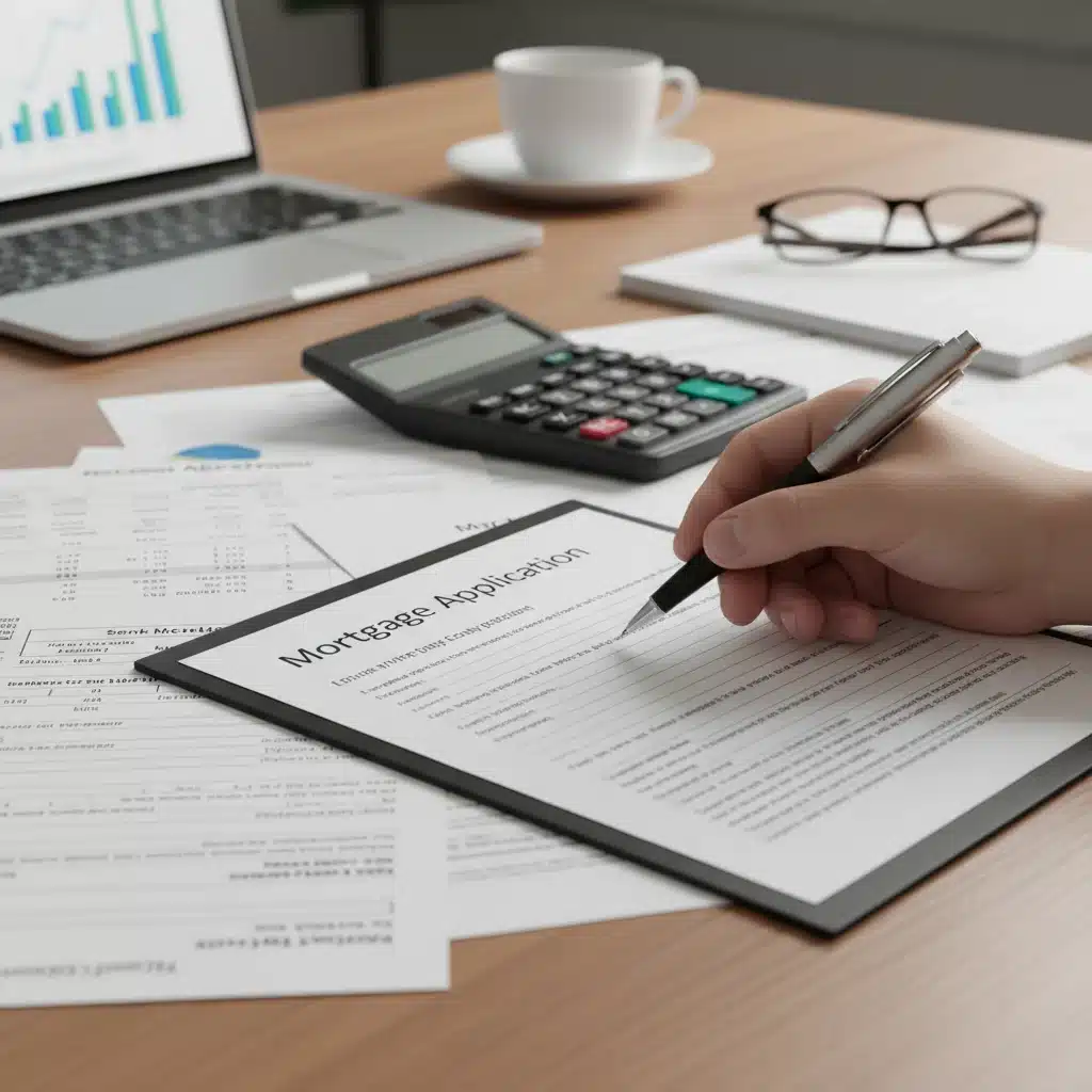 Hand preparing to sign mortgage application, surrounded by financial documents and calculator.
