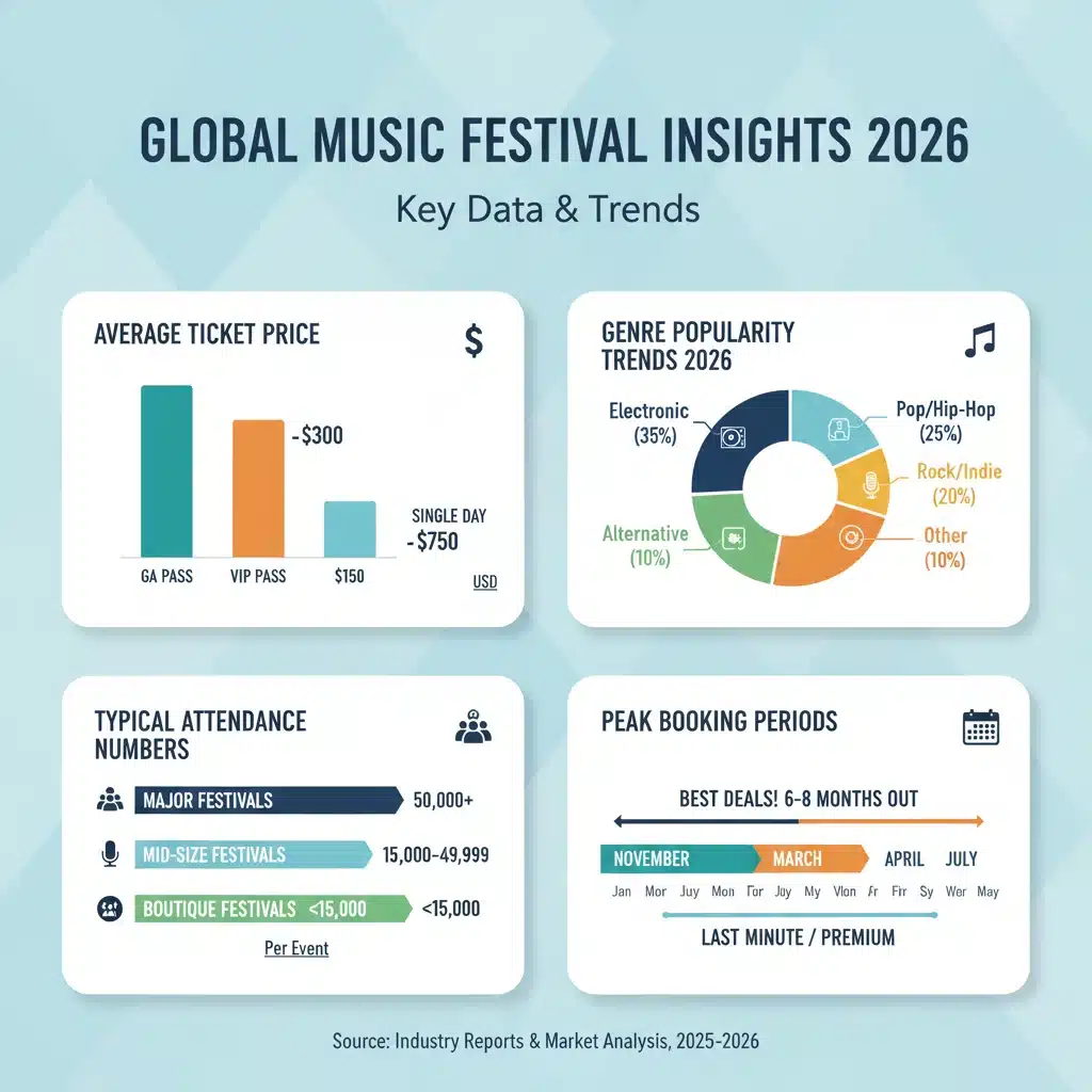 Infographic displaying music festival data trends for 2026, including ticket prices, genre popularity, and attendance statistics.