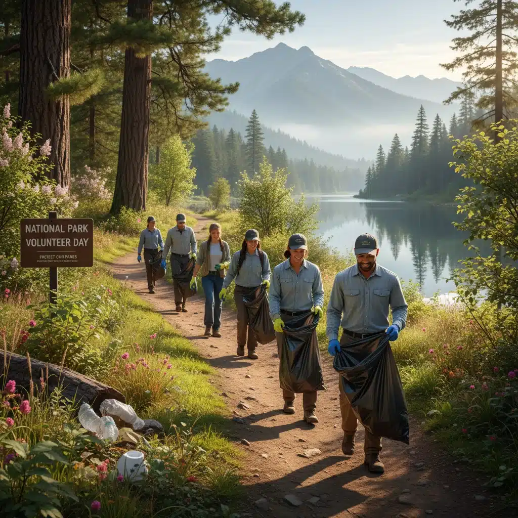 Volunteers cleaning up a national park trail, promoting sustainable park practices.