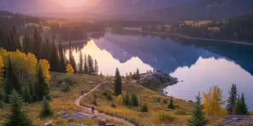 Sunrise over a national park with mountains, lake, and hiking trail, symbolizing new visitor guidelines.