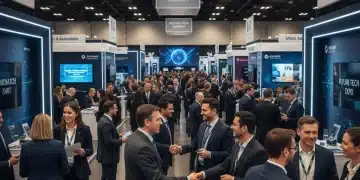 Professionals networking at a busy national trade show booth, discussing business opportunities.