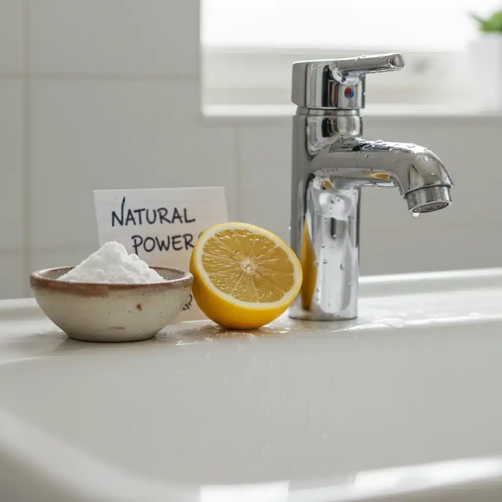 Shiny bathroom sink and faucet cleaned naturally, with baking soda and lemon visible.
