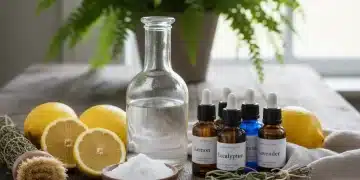 DIY Cleaning Solutions: 5 Natural Recipes for a Chemical-Free Home Assortment of natural cleaning ingredients on a wooden table, including vinegar, baking soda, lemons, and essential oils.