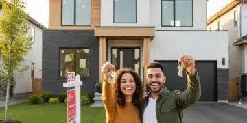 Smiling couple with house keys in front of their new home, symbolizing successful homeownership.