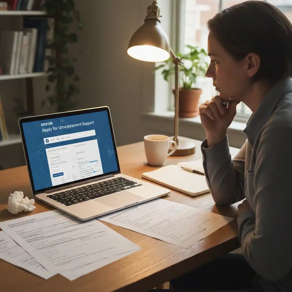 Individual preparing to apply for unemployment benefits online, focusing on a laptop screen with government website.