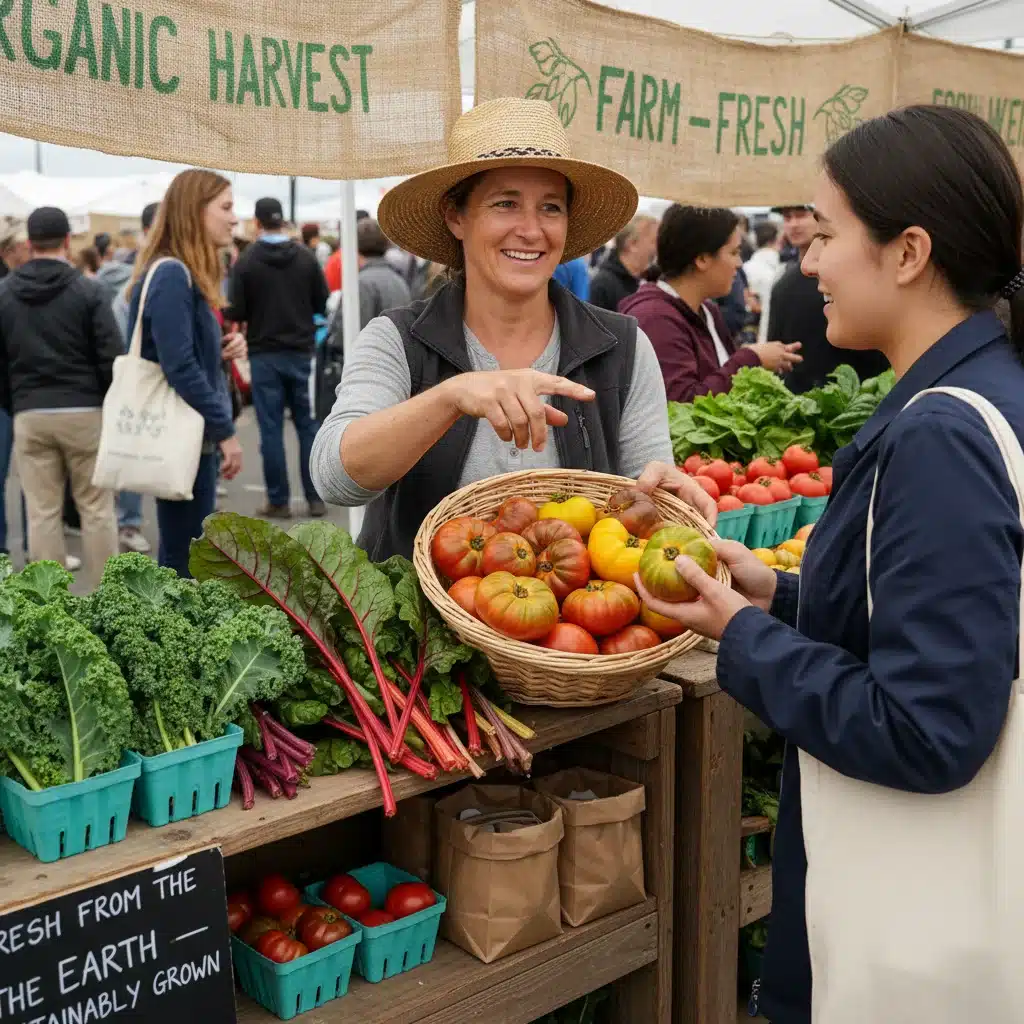 Farmer showcasing organic produce at a sustainable agricultural fair market.