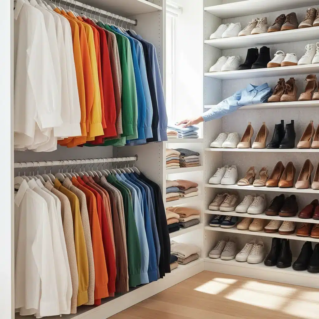 Organized closet with color-coded clothes and folded items, symbolizing decluttering.