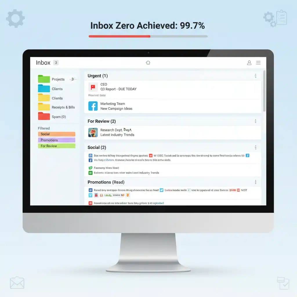 Organized email inbox with filters and labels, demonstrating effective email management.