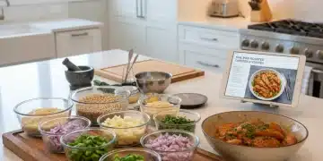 Organized kitchen counter with meal prep ingredients ready for cooking.