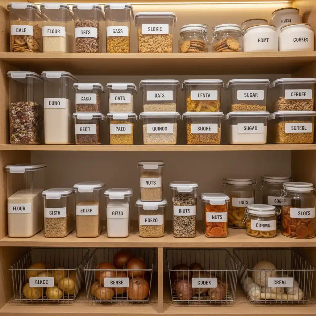 Organized kitchen pantry with sealed food containers for pest prevention.