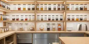 A modern, well-organized pantry featuring clear storage bins, labeled shelves, and pull-out drawers for efficient food storage and easy access.