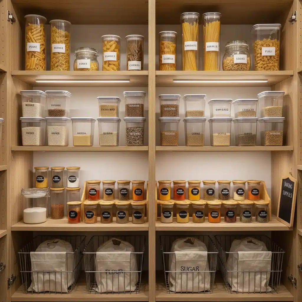 Neatly organized pantry with labeled food containers.