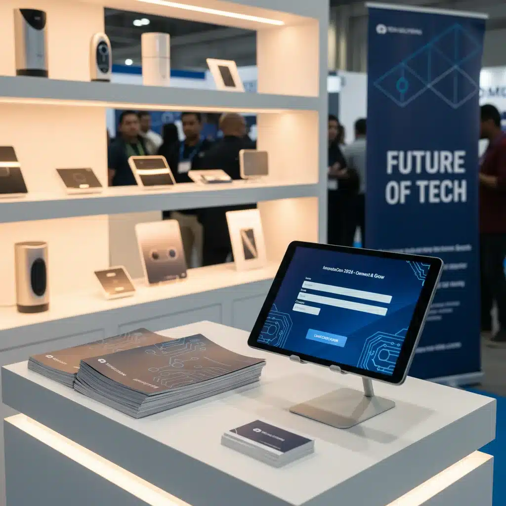 Organized trade show booth with digital lead capture and branded materials.