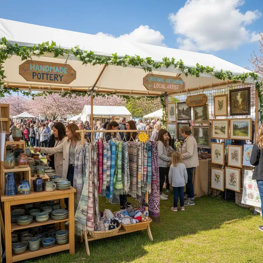 Outdoor arts and crafts fair booth displaying pottery and textiles on a sunny spring day.