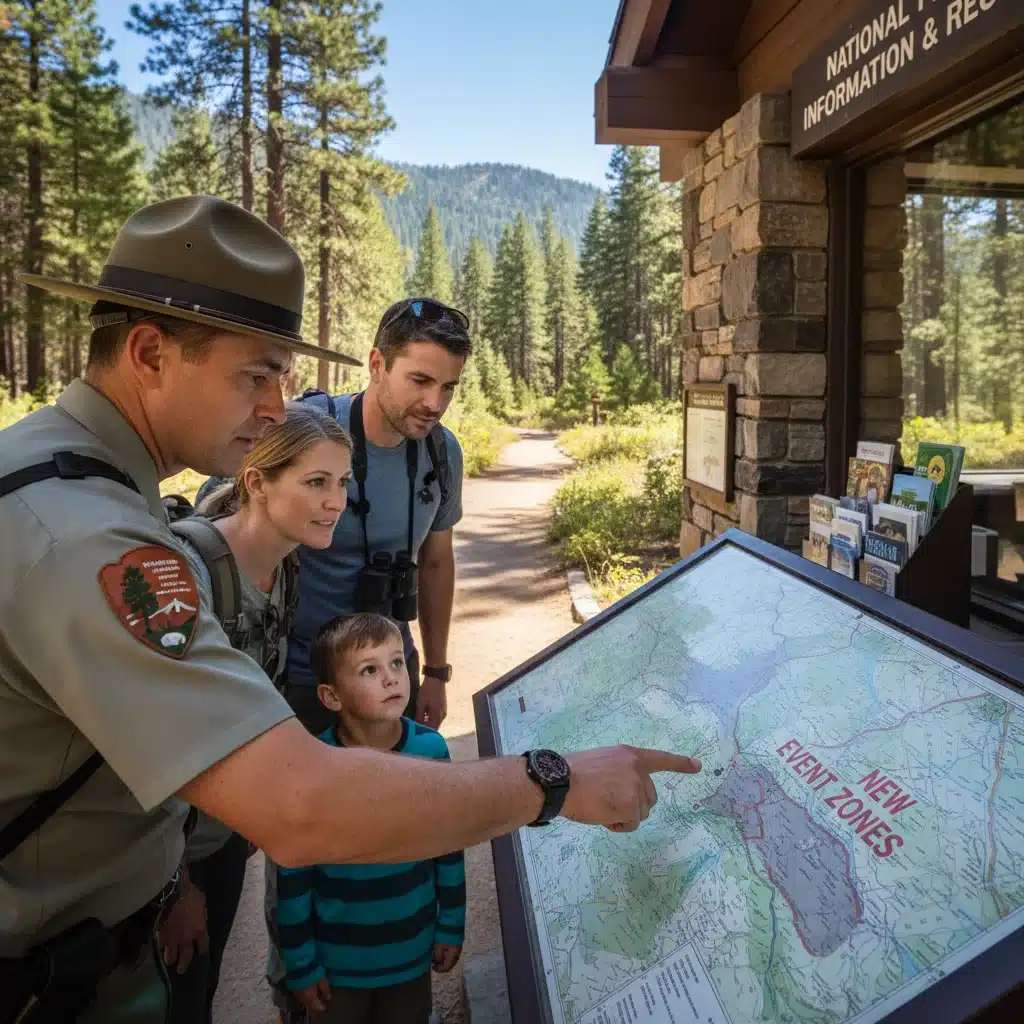 Park ranger explaining new event regulations to visitors at an information booth.