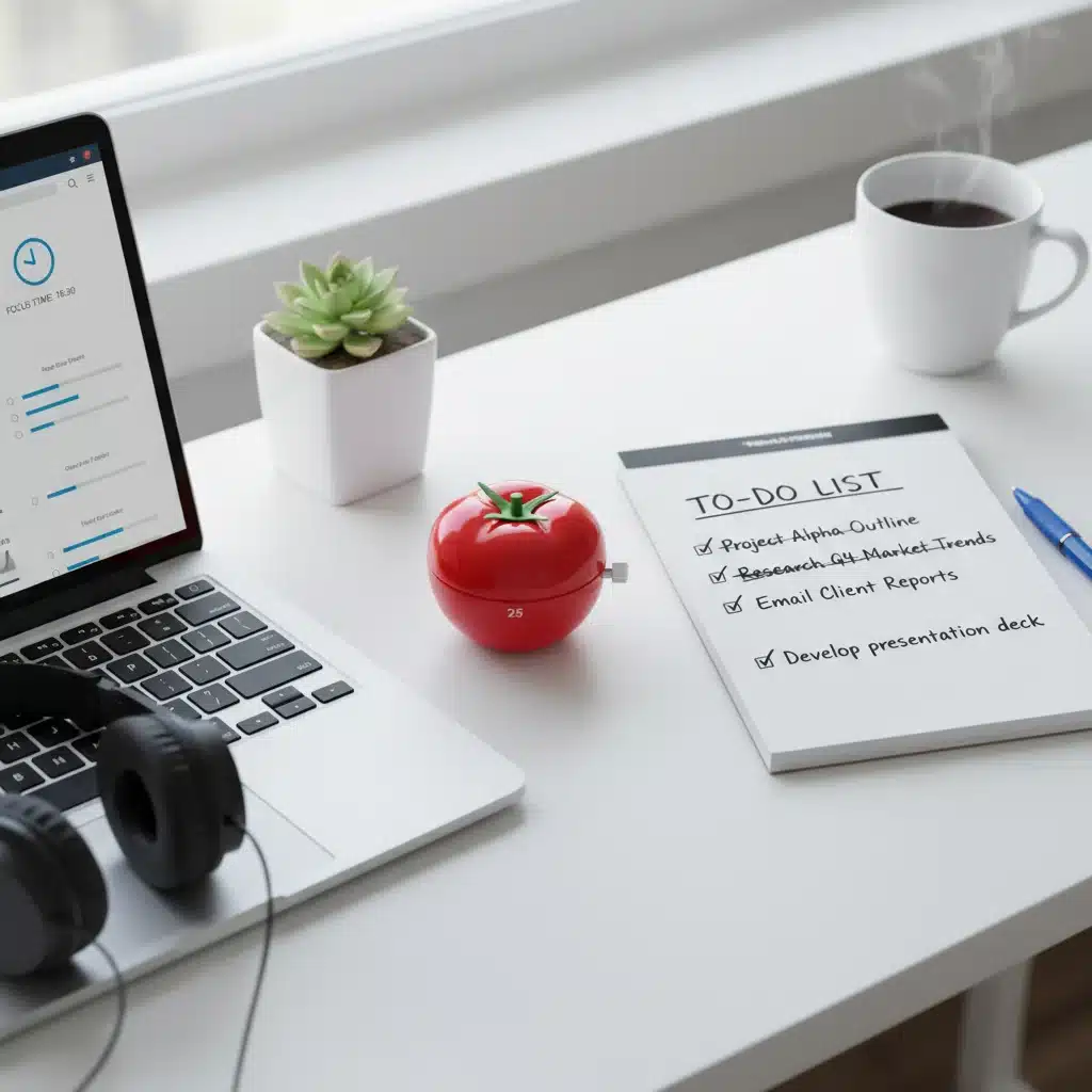 Tomato timer and organized desk for Pomodoro Technique productivity