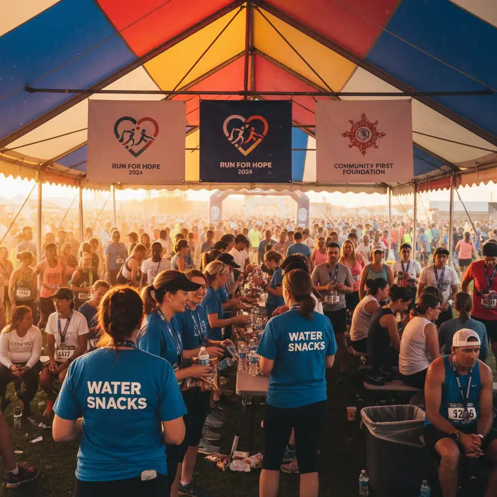 Community gathering at an event tent after a charity run, with volunteers and participants celebrating.