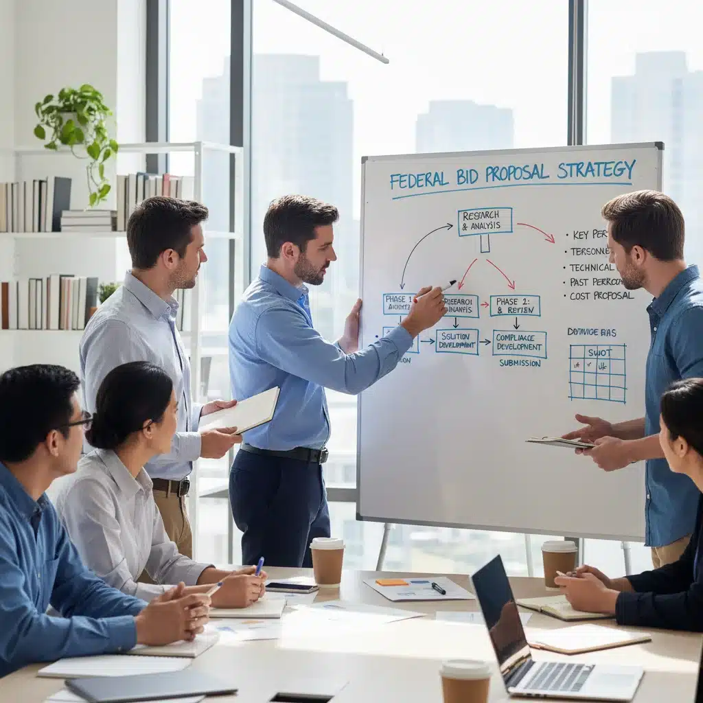 Small business team developing federal contract proposal strategy