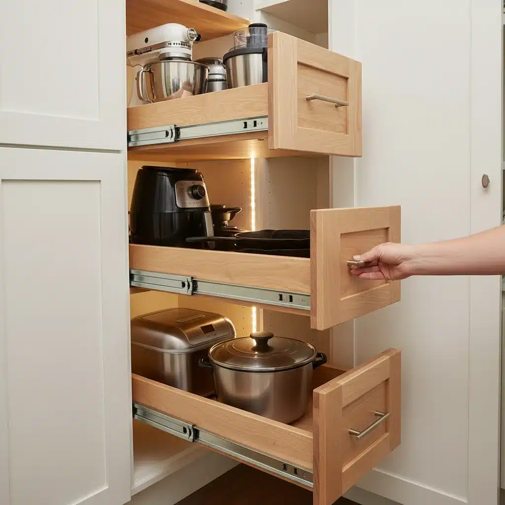 Custom-built, deep pull-out pantry shelves storing large appliances and bulky food items, demonstrating robust construction and smooth operation.