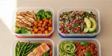 Master Quick Meal Prep: 4 Recipes Saving 10+ Hours Weekly Four vibrant, healthy quick meal prep containers organized on a wooden table, emphasizing time-saving and variety.