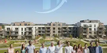 Families and individuals looking at a modern affordable housing complex, symbolizing hope for housing assistance programs.
