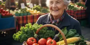 Smiling senior woman with fresh produce from farmers market