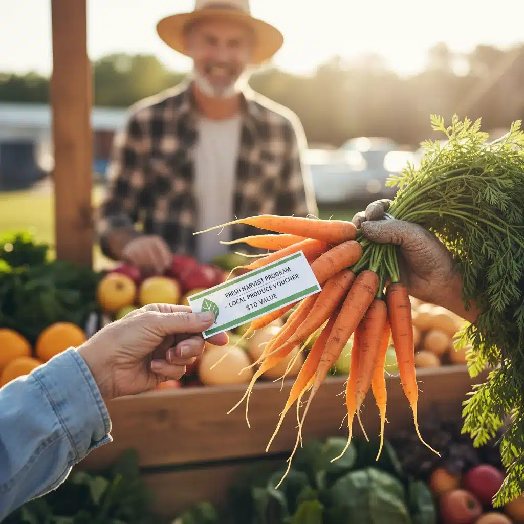Senior exchanging SFMNP voucher for fresh carrots