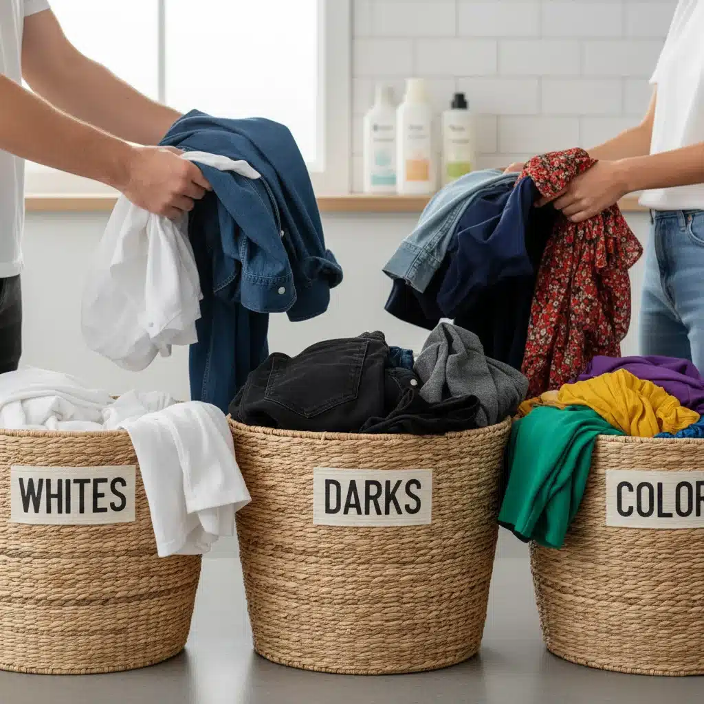 Hands sorting laundry into labeled baskets by color.
