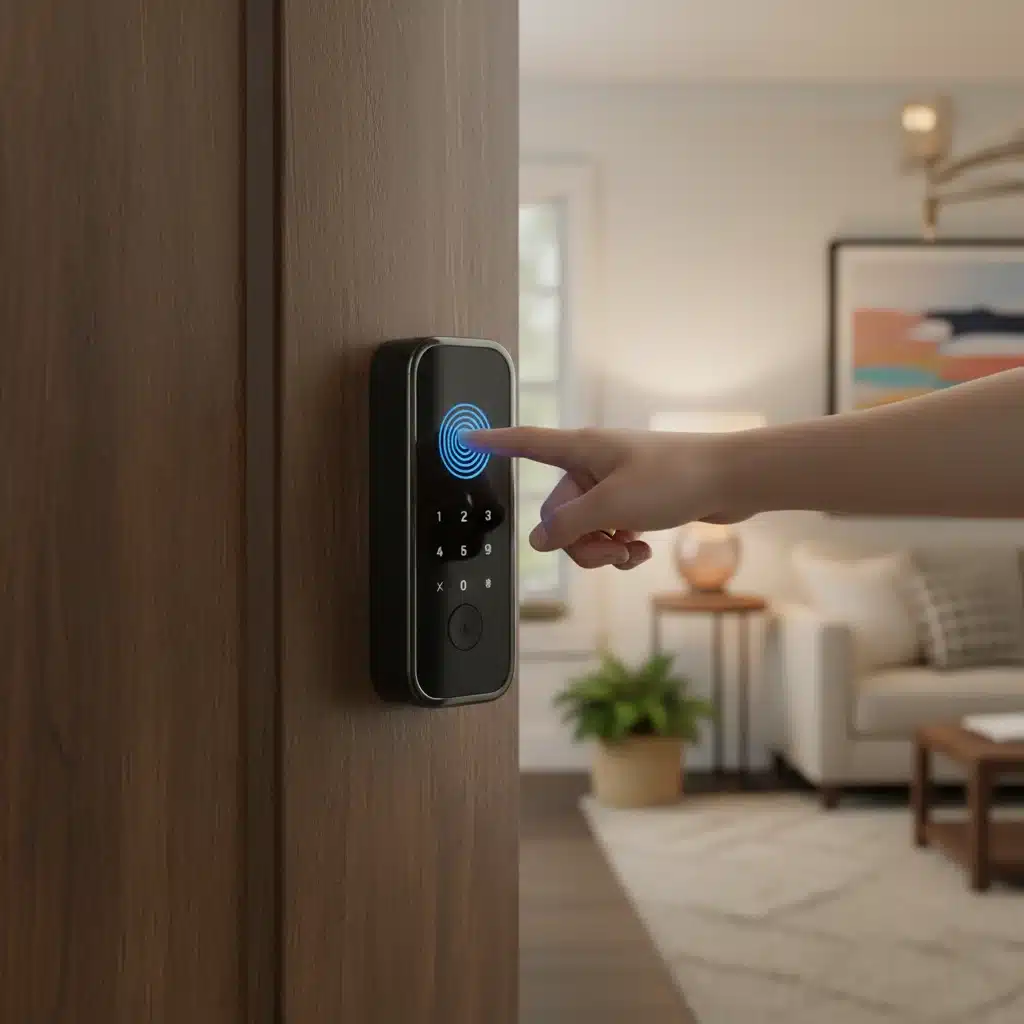 Hand operating a modern smart lock with keypad and fingerprint scanner on a wooden door.