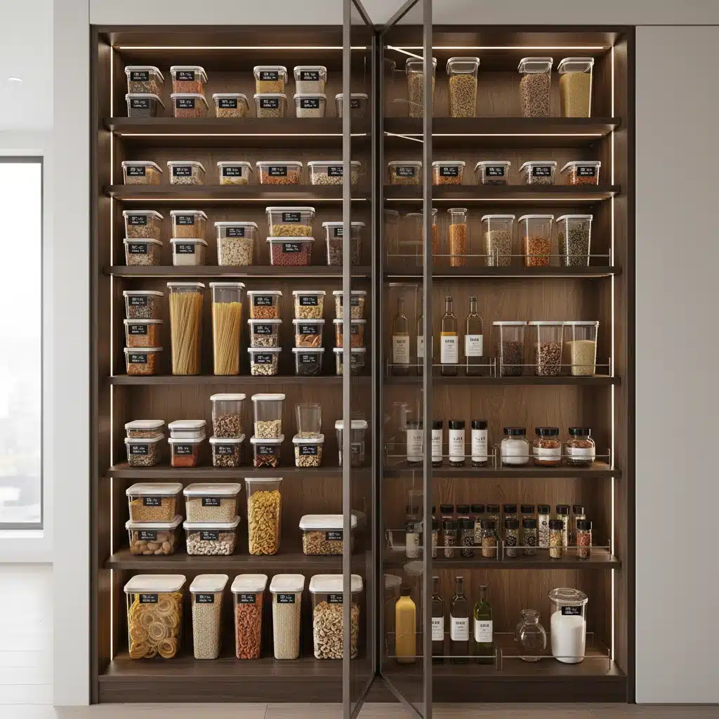 Smart pantry with clear labeled containers and LED lighting