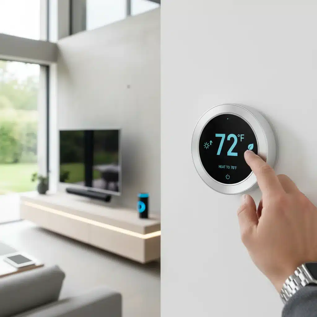 Hand adjusting a smart thermostat for optimal home temperature