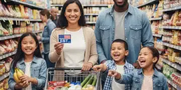 Family using EBT card for grocery shopping, symbolizing SNAP benefits.