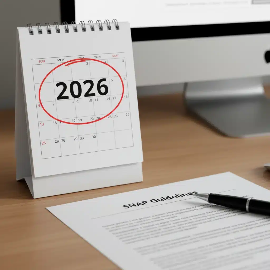 Calendar 2026 with SNAP guidelines document, indicating future changes.