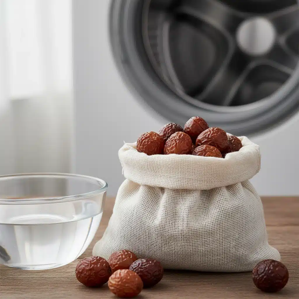 Soap nuts in a muslin bag, a natural laundry detergent alternative.