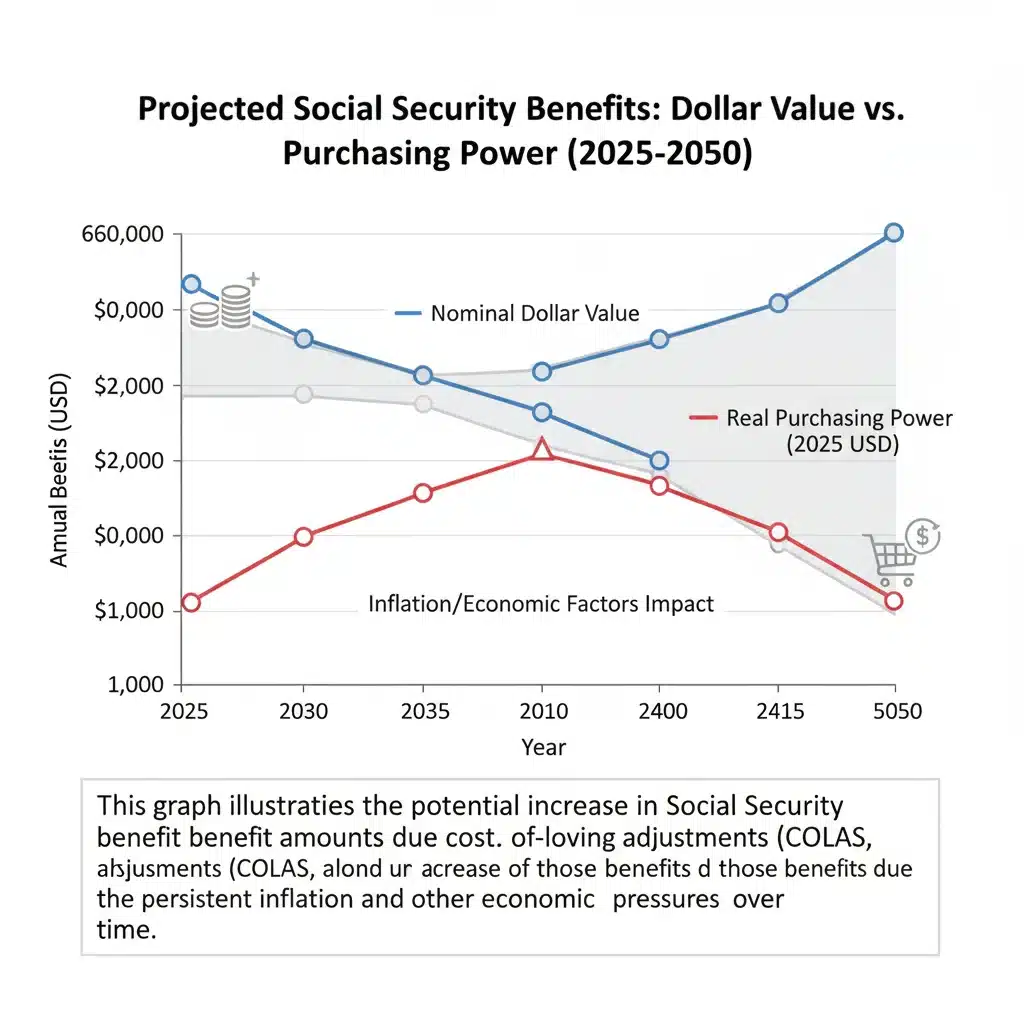 Graph illustrating projected Social Security benefits changes and economic factors.