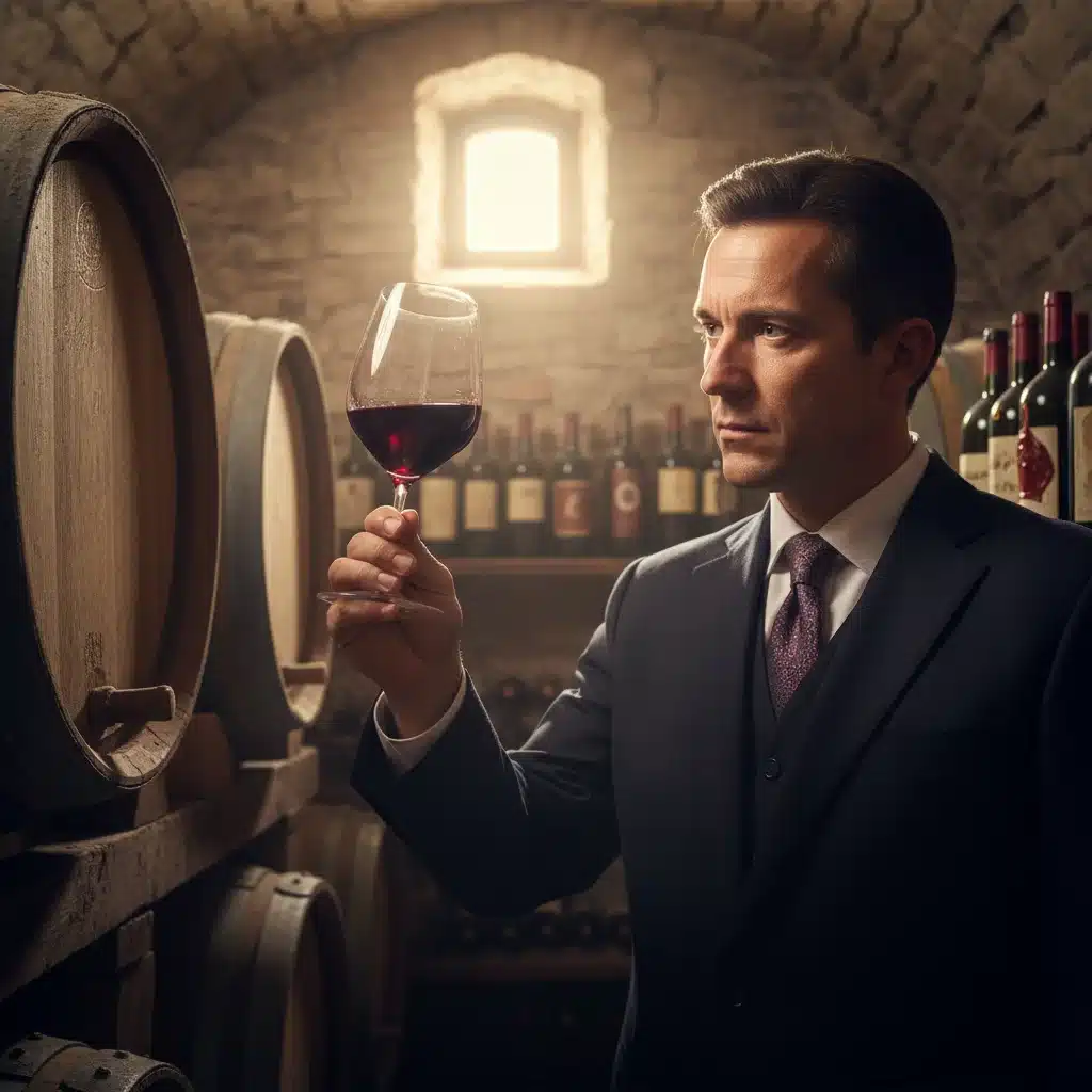 Sommelier examining red wine in a cellar at a wine festival