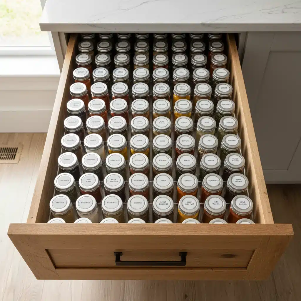 Neatly organized spice drawer with uniform, labeled jars, showcasing an efficient spice storage solution for easy access and visibility.